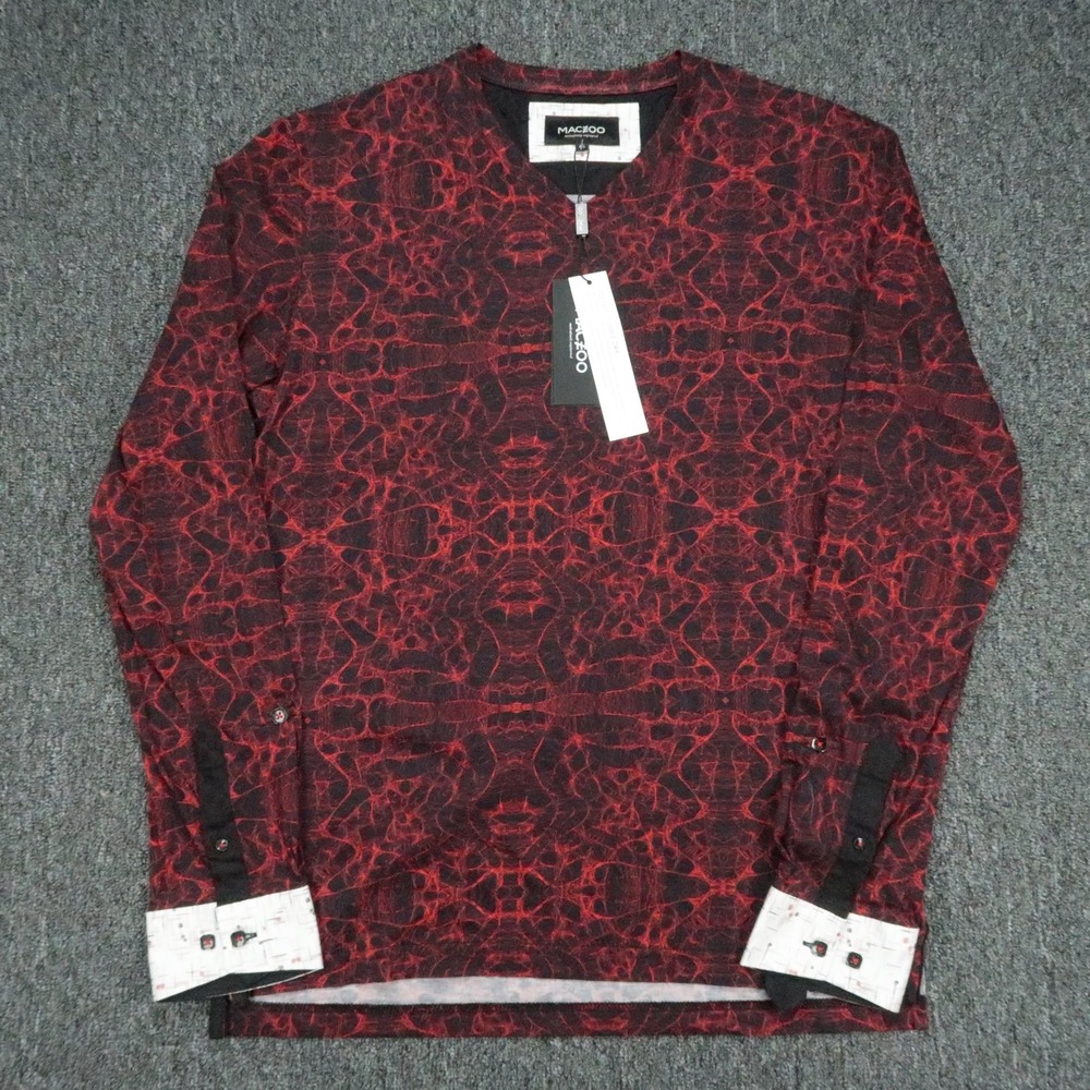 Maceoo Shirt Men Large Smokey Red Black Edison V Neck Long Sleeve All Over Print